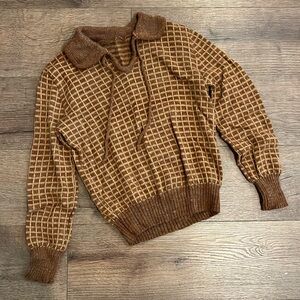 Vintage 70s Brown Check Collared Knit Sweater Womens Pullover small medium